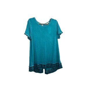 soft surroundings Heavenly Soft Tunic Blouse Teal Blue Lace Trim Size 1X